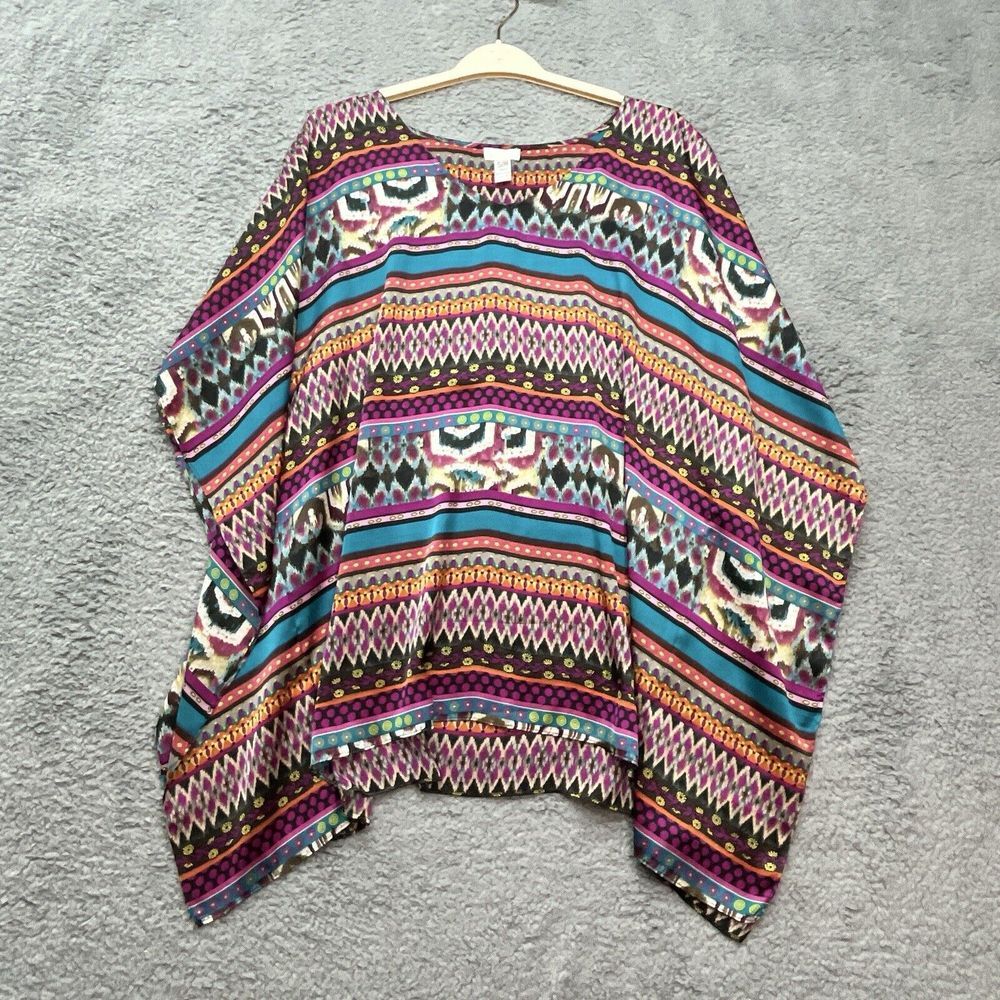 Chicos Mea Peri Poncho Womens S/M Lightweight Aztec Desert Boho Chic Bohemian